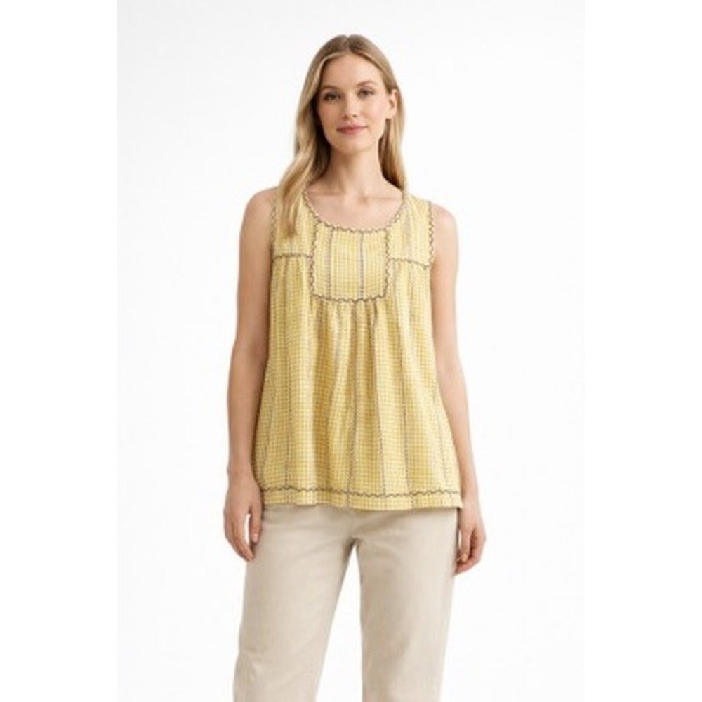 Max Studio Yellow‎ Gingham Sleeveless Babydoll Blouse Embroidered Square Neck XS